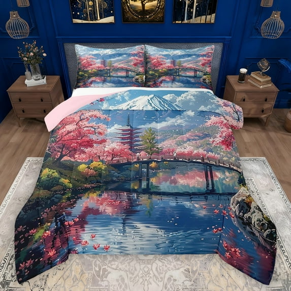 Manfei Cherry Blossom Full Size Comforter Sets,Japanese Architecture Bedding Comforter Set,Natural Snowman Mountain Bedding Sets For Girls Kids,Luxury Bedroom Decor Reversible,3-Piece