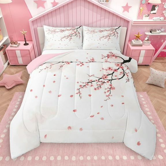 Manfei Cherry Blossom Queen Comforter Set,Japanese Style Bedding Sets,Pink Sakura Bedding Comforter Set For Girls Kids,Ultra Soft Home Decor Reversible,3pcs