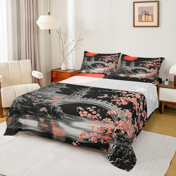 Manfei Cherry Blossom Sheet Set Queen,Red Moon Bridge Bedding Sets Queen Size,Japanese Ukiyo-E Queen Sheet Sets,Lightweight Bedroom Decoration,4-Piece