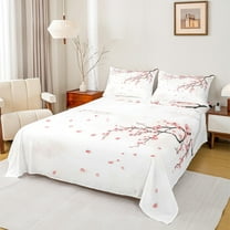 Manfei Cherry Blossom Twin Sheet Sets,Japanese Style Twin Fitted Sheet,Pink Sakura Flat Sheet For Girls Kids,Ultra Soft Home Decor,3-Piece