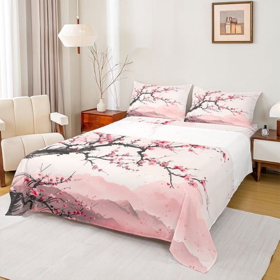 Manfei Cherry Blossoms 4 Pieces Queen Sheet Sets for Boys Girls,Pink Sakura Ultra Soft Flat Sheet,Japanese Style Queen Fitted Sheet,Luxury Bedroom Decor