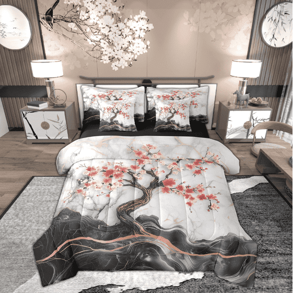 Manfei Cherry Blossoms Bedding King Size, Marble Abstract Bedding Sets King Size, Modern Fashion Reversible Comforter Sets with Sheets, Breathable Room Decoration, 7pcs