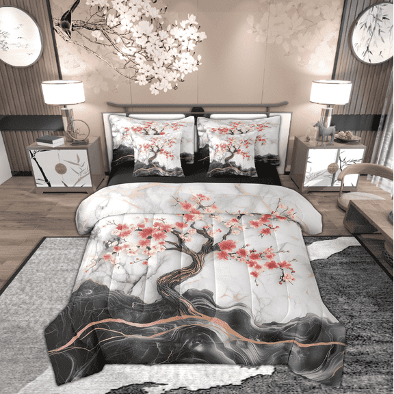 Manfei Cherry Blossoms Bedding Sets Full Size, Marble Abstract Bed in a Bag Full size, Modern Fashion Reversible Comforter Sets with Sheets, Breathable Room Decoration, 7pcs