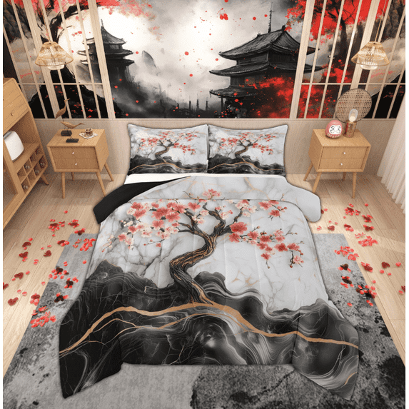 Manfei Cherry Blossoms Comforter Sets King Size, Marble Abstract Comforters & Duvets, Modern Fashion Reversible Bedding King Comforter Set, Breathable Room Decoration, 3pcs