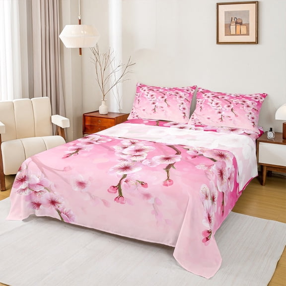 Manfei Cherry Blossoms Full Size Sheets 4-Piece for Girls, Pink Flower Floral Bed Sheets, Japanese Style Blossoms Sheet Sets, Super Cozy Room Decor