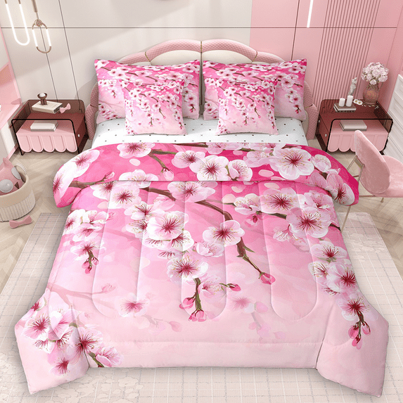 Manfei Cherry Blossoms Twin Bedding Sets 7pcs for Girls, Pink Flower Floral Bedding Comforter Set, Japanese Style Blossoms Sheet Sets, Super Cozy Room Decor