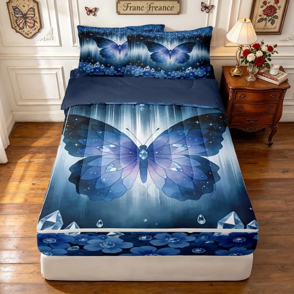 Manfei Cherry Blossoms Zipper Twin Comforter Sets with Fitted Sheet and 2 Pillowcases, Sparkle Butterfly Zipper Bedding Set, Blue Black, Blue Reversible, 4 Pieces