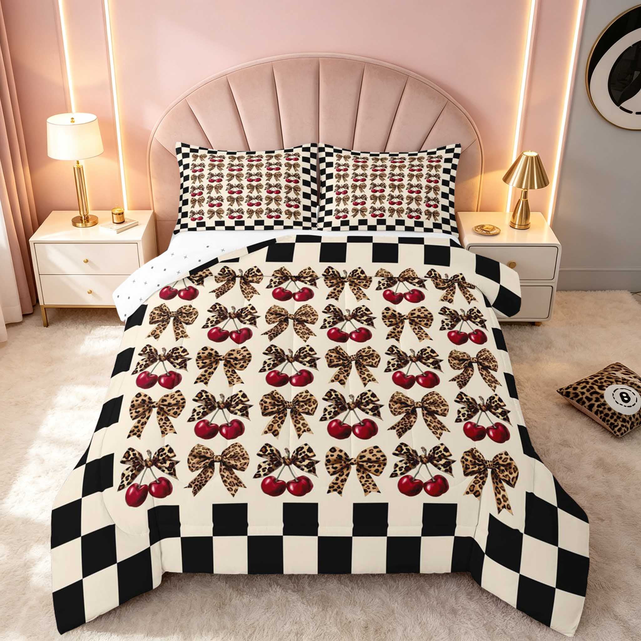 Baby Animal Ribon Manfei Cherry Bow Checker Full Size Comforter Sets, Leopard Ribbon Grid ...