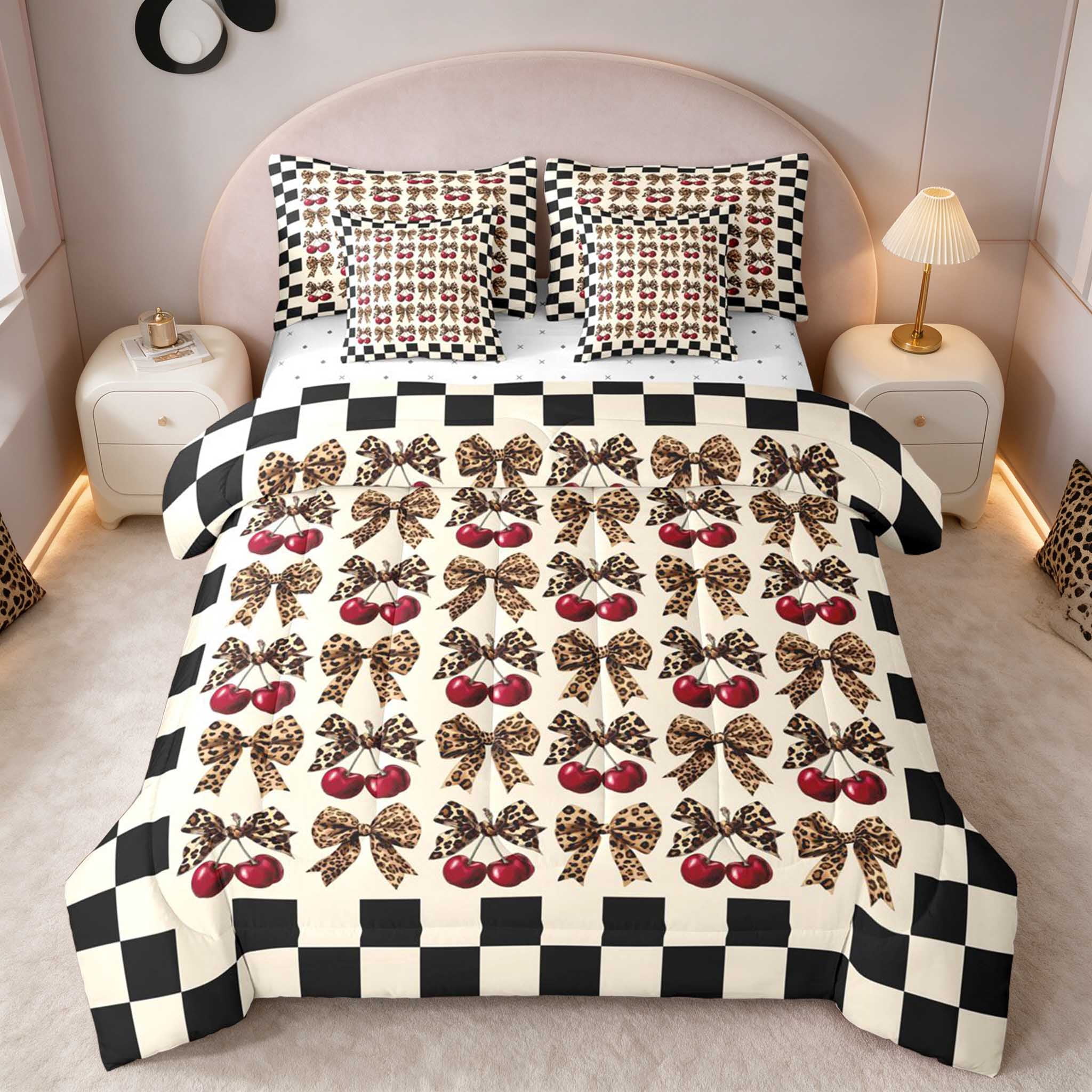 Manfei Cherry Bow Checker Queen Bedding, Leopard Ribbon Grid Bedding ...