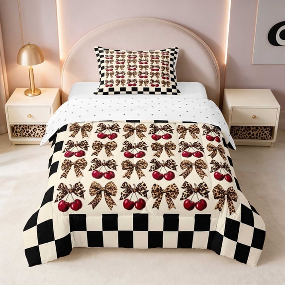 Manfei Cherry Bow Checker Twin Comforter Sets, Leopard Ribbon Grid ...
