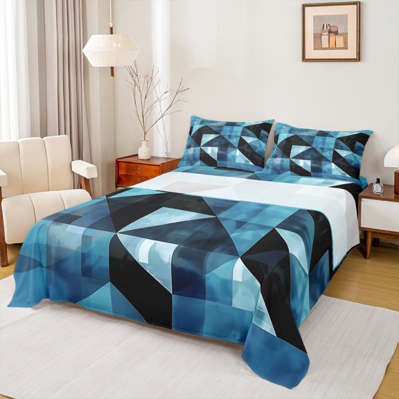 Manfei Chic Abstract Bed Sheets for Adult, Blue Rectangle Geometric King Sheets, Retro Artwork Sheet Set, Luxury Bedroom Decor, 4 Pieces