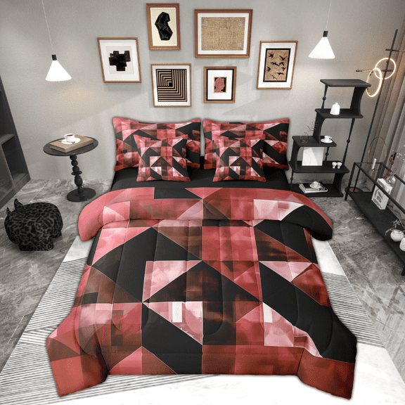Manfei Chic Abstract Bedding Comforter Set 7 Pieces for Adult, Red Rectangle Geometric Full Bedding Set, Retro Artwork Reversible Fitted Sheet Flat Sheet, Microfiber Bedroom Decor