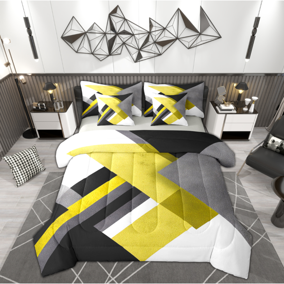 Manfei Chic Abstract Bedding Comforter Set 7 Pieces for Adult, Yellow Rectangle Geometric Full Bedding Set, Fashion Minimalst Reversible Fitted Sheet Flat Sheet, Ultra Soft Home Decor