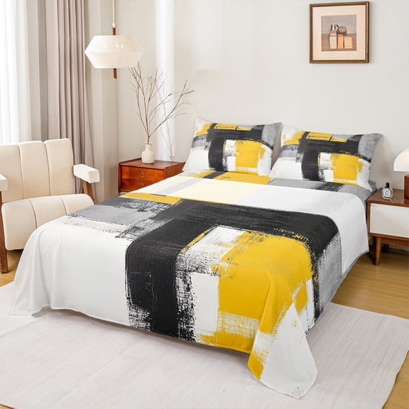 Manfei Chic Abstract Ombre Bed Sheets, Yellow Buffalo Artwork King Sheets, Teens Kids Adult Man Sheet Set, Breathable Home Decor, 4 Pieces