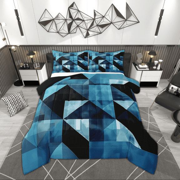 Manfei Chic Abstract Queen Comforter Set for Adult, Blue Rectangle Geometric Bedding Comforter Set, Retro Artwork Reversible Bedding Set, Luxury Bedroom Decor, 3 Pieces