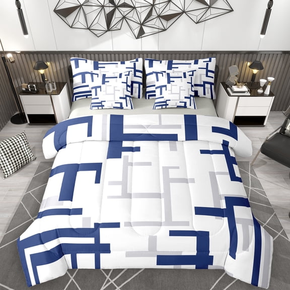 Manfei Chic Abstract Teens 7-Piece Twin Bedding Sets, Navy Square Checkered Bedding Comforter Set, Modern Buffalo Plaid Reversible Sheet Sets, Breathable Home Decor