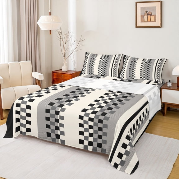Manfei Chic Abstract Teens Bed Sheets, Black Square Checkered King Sheets, Modern Buffalo Plaid Sheet Set, Luxury Bedroom Decor, 4pcs