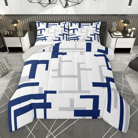 Manfei Chic Abstract Teens Bedding Comforter Set, Navy Square Checkered Twin Comforter Sets, Modern Buffalo Plaid Reversible Bedding Set, Breathable Home Decor, 2pcs