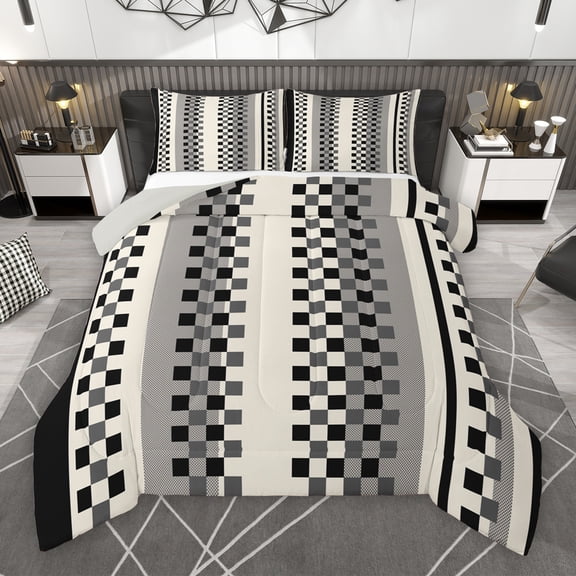 Manfei Chic Abstract Teens Queen Comforter Set, Black Square Checkered Bedding Sets, Modern Buffalo Plaid Reversible Bedding Comforter Set, Luxury Bedroom Decor, 3pcs