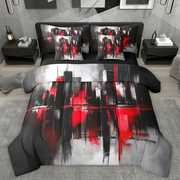 Manfei Chic Artwork Abstract Bedding Comforter Set 7 Pieces, Black Red Watercolor Full Bedding Set, Teens Boys Girls Men Reversible Fitted Sheet Flat Sheet, Lightweight Room Decor