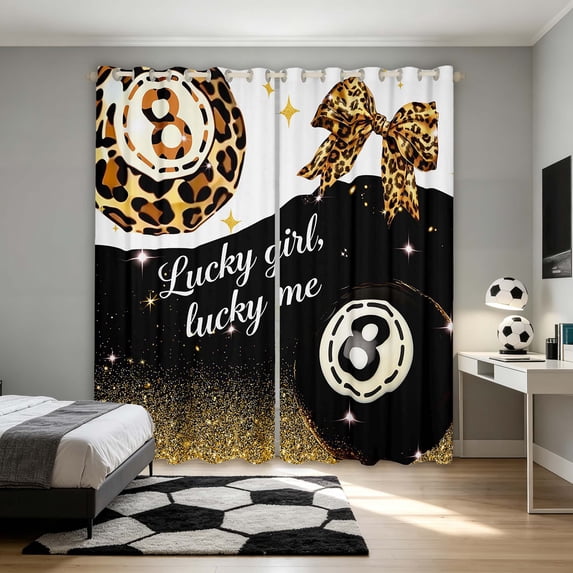 Manfei Chic Billiards Blackout Curtains Set of 2 (38x54 Each), Lucky Girl Lucky Me Print Living Room Curtains, Black Gold White