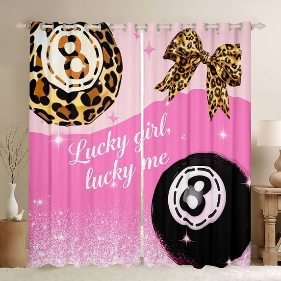 Manfei Chic Billiards Kitchen Curtains, Lucky Girl Lucky Me Print Black Out Curtains Pack of 2 (42x63 Each), Pink Gold Leopard