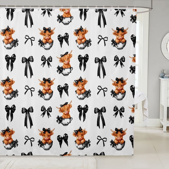 Manfei Chic Black Bow Shower Curtain 72Wx78L,Cute Highland Cattle Bath Curtain