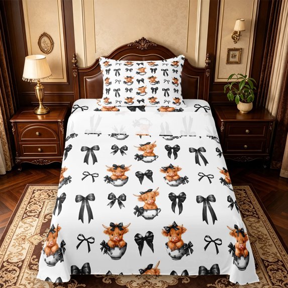 Manfei Chic Black Bow Twin Sheets,Cute Highland Cattle Bedding,3pcs,1 Flat Sheet,1 Fitted Sheet and 1 Pillowcase