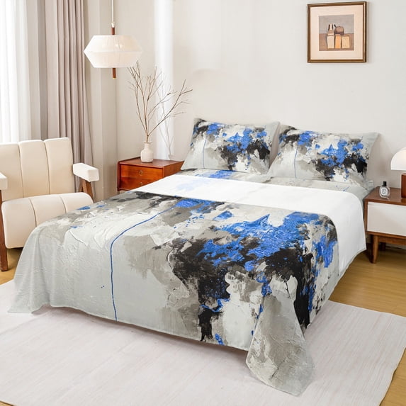 Manfei Chic Blue Artwork Full Size Sheets for Adult, Watercolor Abstract Bed Sheets, Vintage Oil Printing Sheet Sets, Luxury Bedroom Decor, 4 Pieces