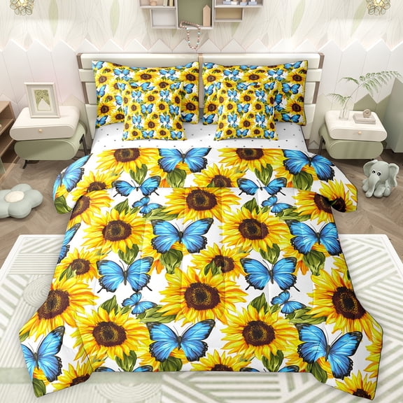 Manfei Chic Blue Butterflies 7-Piece Bedding Comforter Set,Countryside Sunflower King Bedding Sets,Rustic Plant Bed Sheets For Girl,Super Cozy Room Decor
