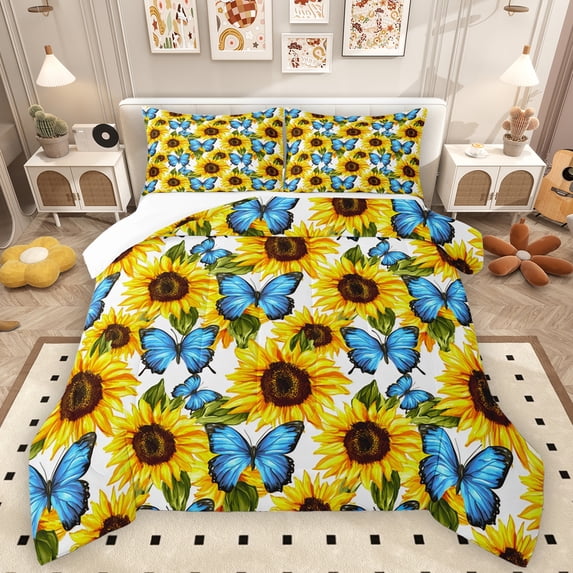 Manfei Chic Blue Butterflies Queen Comforter Set,Countryside Sunflower Bedding Sets,Rustic Plant Bedding Comforter Set For Girl,Super Cozy Room Decor,3-Piece