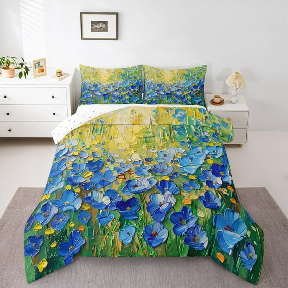 Manfei Chic Blue Floral Flowers Bedding Comforter Set 2pcs for Female Men,Abstract Oil Painting Twin Comforter Sets Microfiber,Blue Green Breathable Bedding Set,Microfiber Bedroom Decor,Reversible