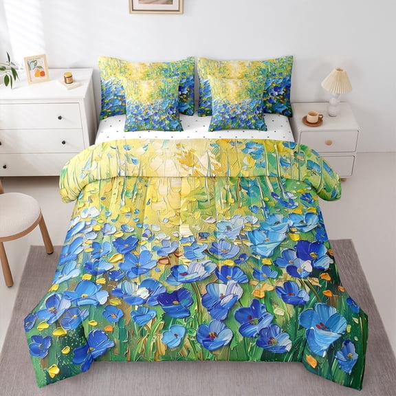 Manfei Chic Blue Floral Flowers Bedding Comforter Set 7 Pieces for Female Men,Abstract Oil Painting Full Bedding Set Lightweight,Blue Green Fitted Sheet Flat Sheet,Microfiber Bedroom Decor