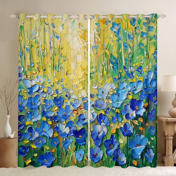 Manfei Chic Blue Floral Flowers Curtains Pack of 2 (42x84 Each) for Female Men,Abstract Oil Painting Curtains Blackout,Blue Green Bedroom Curtains,Microfiber Bedroom Decor