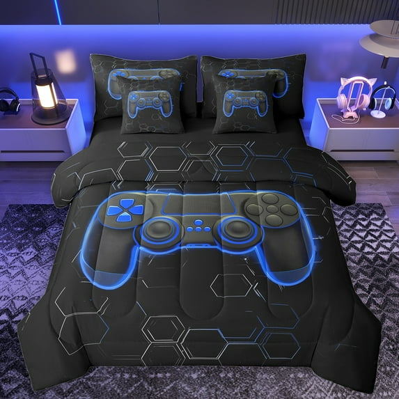 Manfei Chic Blue Honeycomb Bedding Comforter Set 7pcs, Video Game Controller Queen Bedding Sets, Modern Gaming Player Reversible Queen Sheet Sets, Breathable Home Decor