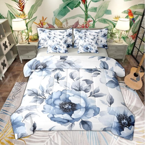 Manfei Chic Blue Peony Bedding Comforter Set 7 Pieces, Garden Flower Floral Full Bedding Set, Botanical Leaves Fitted Sheet Flat Sheet, Microfiber Room Decor