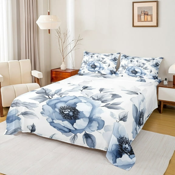 Manfei Chic Blue Peony Full Size Sheets 4pcs, Garden Flower Floral Bed Sheets, Botanical Leaves Sheet Sets, Microfiber Room Decor