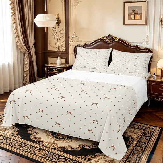 Manfei Chic Bow Bed Sheets,Brown Cute Bowtie Full Size Sheets,4-Piece,1 Flat Sheet,1 Fitted Sheet and 2 Pillowcases