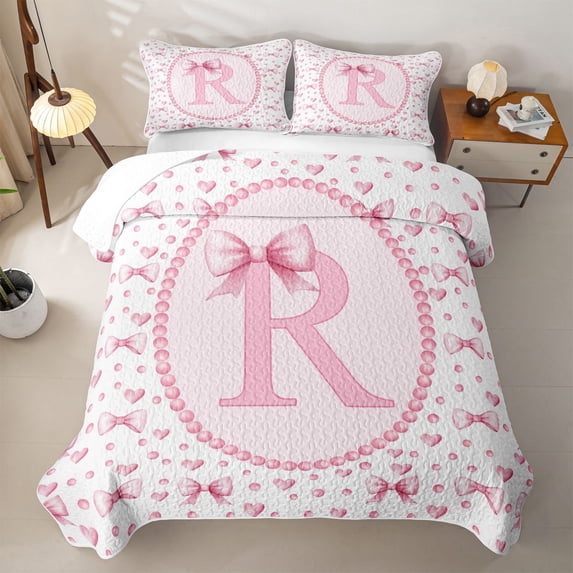 Manfei Chic Bow Tie Bed Spread Queen For Kids,Letter R Monogram Letter Queen Coverlet Set For Girly,3 Pieces