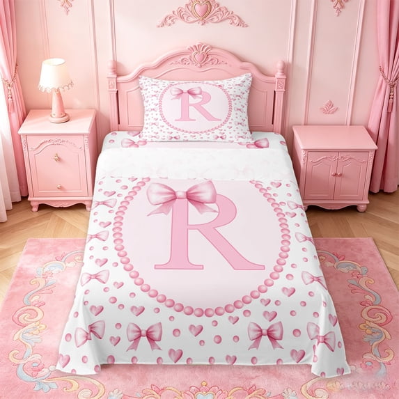 Manfei Chic Bow Tie Twin Sheet Sets For Kids,Letter R Monogram Letter Bedding For Girly,3-Piece