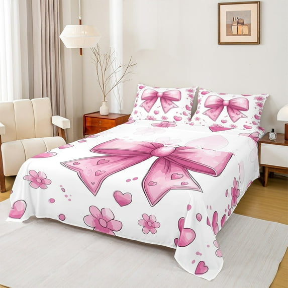 Manfei Chic Bowknot Bow Bed Sheets King,Cute Flower Heart Bedding Sets King Size,Pink White Sheet Set King For Girls,Lightweight Bedroom Decorative,4 Pieces