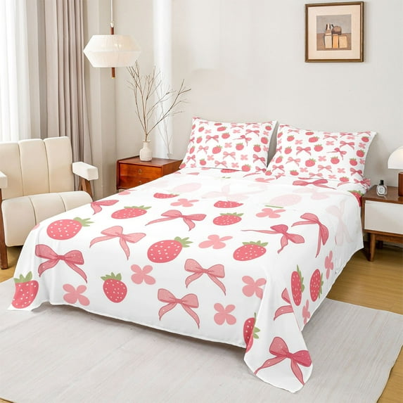 Manfei Chic Bowknot Bow Bed Sheets King,Cute Strawberry Bedding Sets King Size,Pink Flower Floral Sheet Set King For Girls,Lightweight Bedroom Decorative,4 Pieces