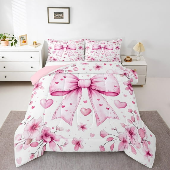 Manfei Chic Bowknot Bow Bedding Sets Queen with Comforter,Cute Cherry Duvet Insert,Pink Love Print Comforter Sets Queen Size For Girls,Lightweight Bedroom Decorative Reversible,3pcs