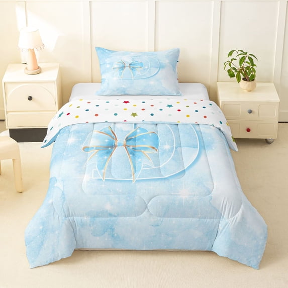 Manfei Chic Bownot Twin Comforter Sets,Blue Alphabet Print D Bedding Set,Polkadot Reversible,2-Piece,1 Comforter and 1 Pillowcase