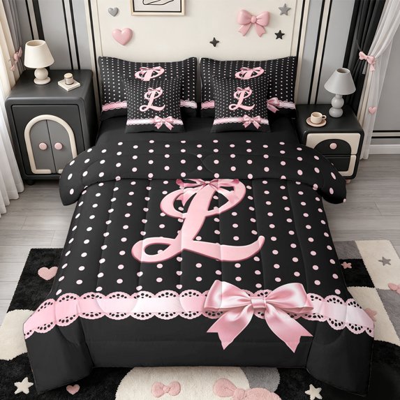 Manfei Chic Bowtie 7-Piece Twin Bedding,Alphabet Letters L Bedding Comforter Set,Black Reversible