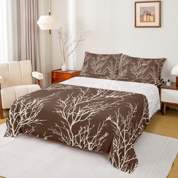 Homewish Chic Brown Branches Full Size Sheets, Jungle Plant Botanical Bed Sheets, Teens Adult Men Female Sheet Sets, Breathable Home Decor, 4 Pieces