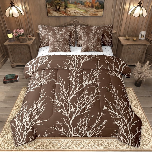 Homewish Chic Brown Branches Twin Bedding Sets 7-Piece, Jungle Plant Botanical Bedding Comforter Set, Teens Adult Men Female Reversible Sheet Sets, Breathable Home Decor