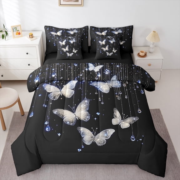 Manfei Chic Butterflies 7-Piece Twin Bedding Sets,Dreamy Blue Diamond Bedding Comforter Set,Beige Black Sheet Sets For Kids,Luxury Bedroom Decor Reversible