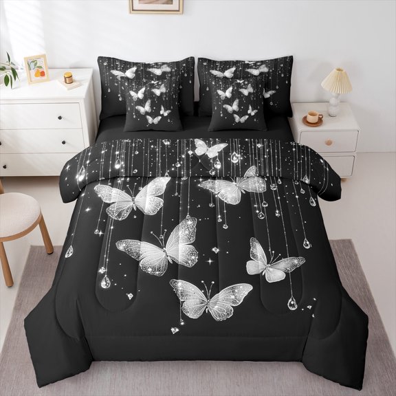 Manfei Chic Butterflies 7-Piece Twin Bedding Sets,Dreamy Diamond Bedding Comforter Set,Sliver Black Sheet Sets For Kids,Luxury Bedroom Decor Reversible