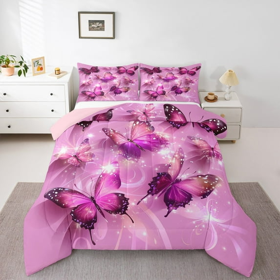 Manfei Chic Butterflies Full Size Comforter Sets,Cartoon Butterflirs Bedding Comforter Set,Pink Black Bedding Sets For Kids,Luxury Bedroom Decor Reversible,3pcs